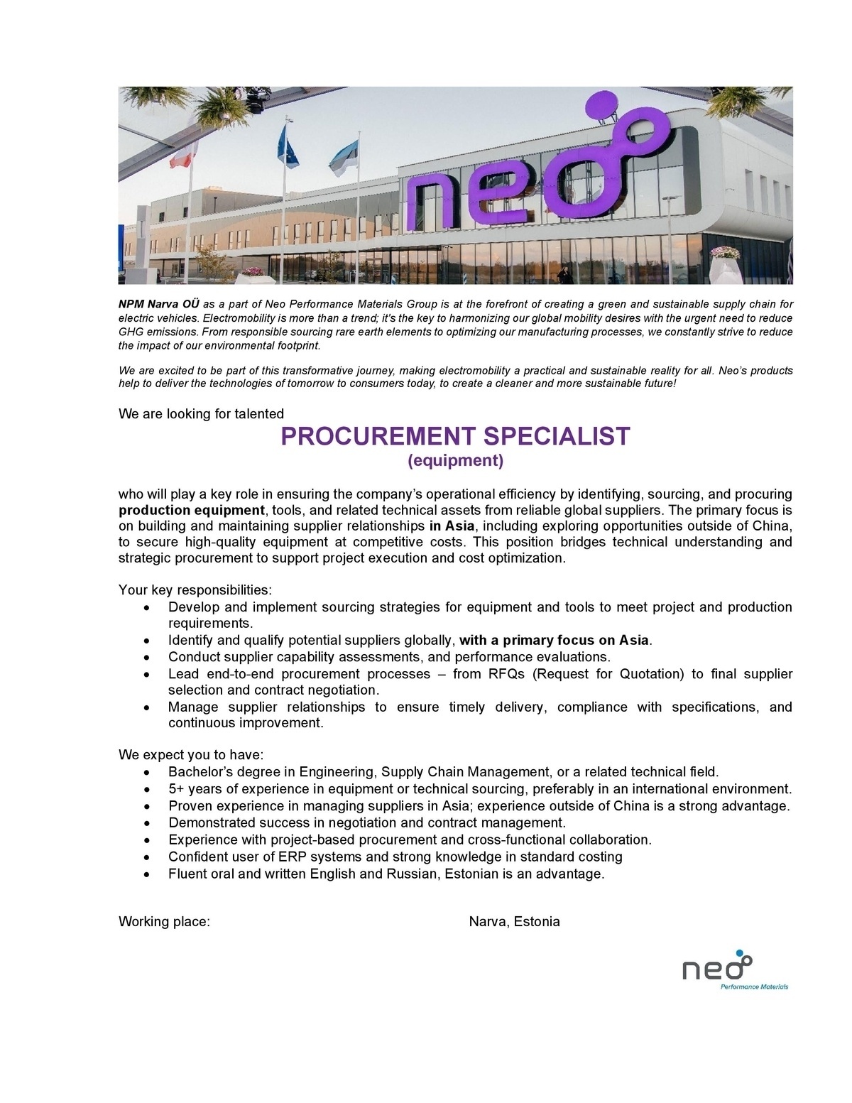 NPM Narva OÜ Procurement Specialist (equipment)