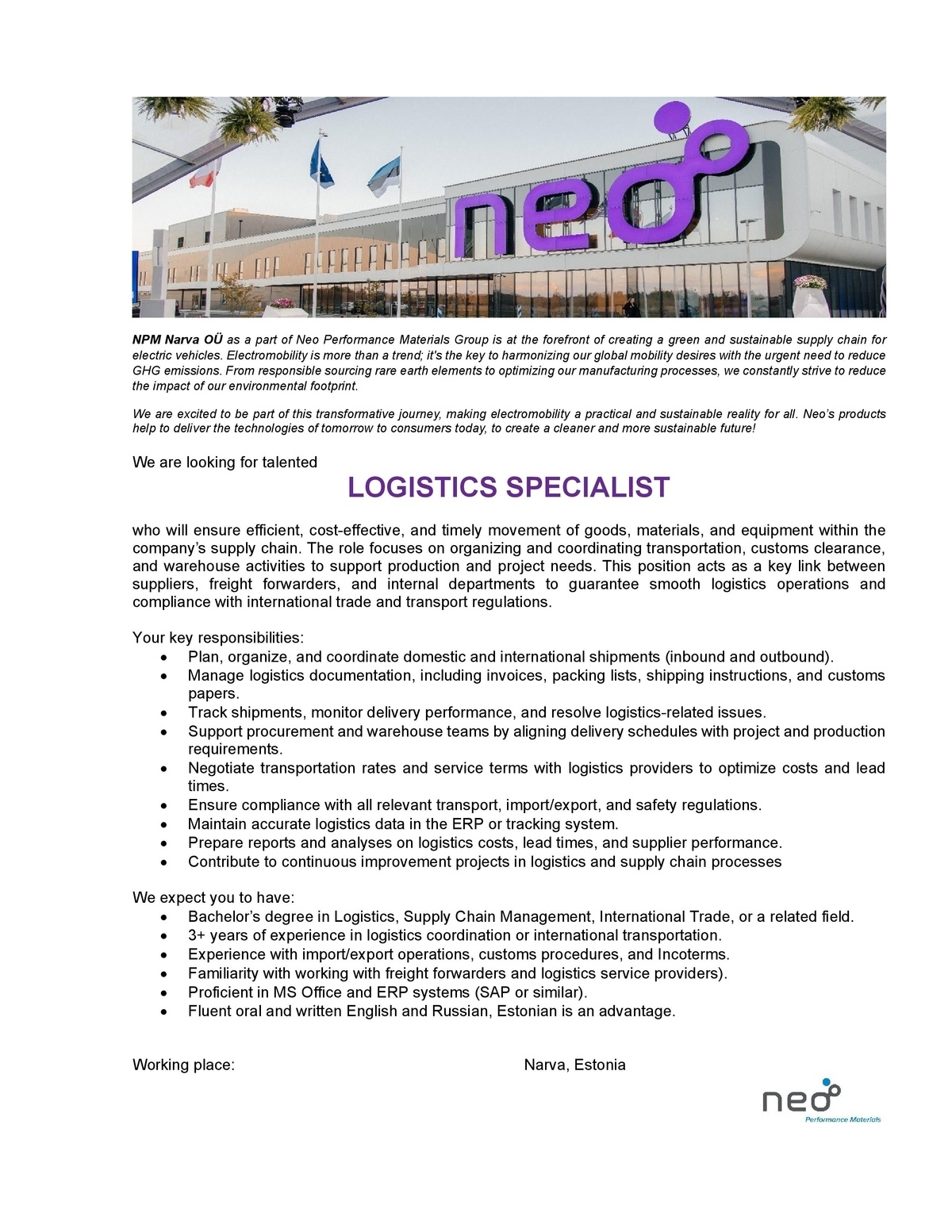 NPM Narva OÜ Logistics Specialist