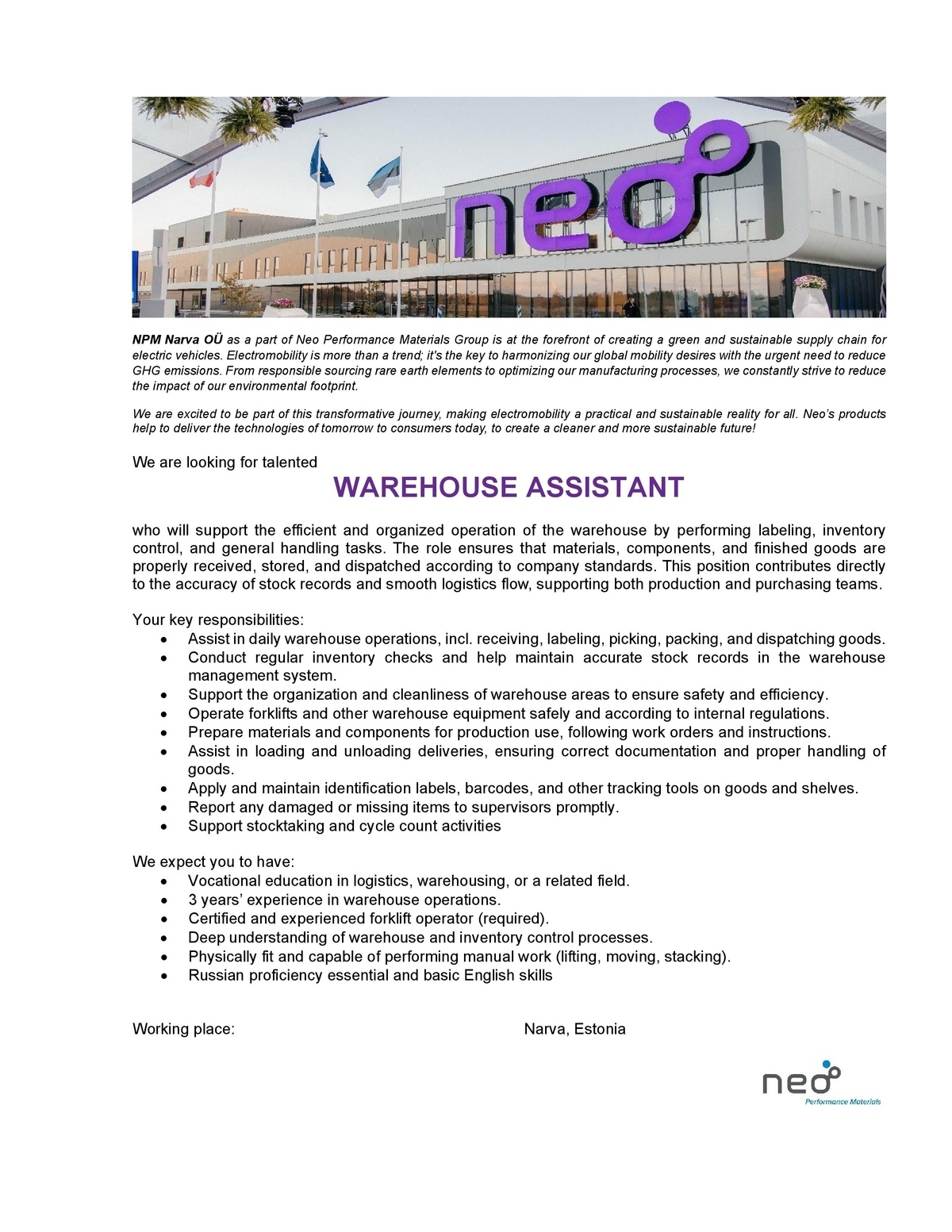NPM Narva OÜ Warehouse assistant