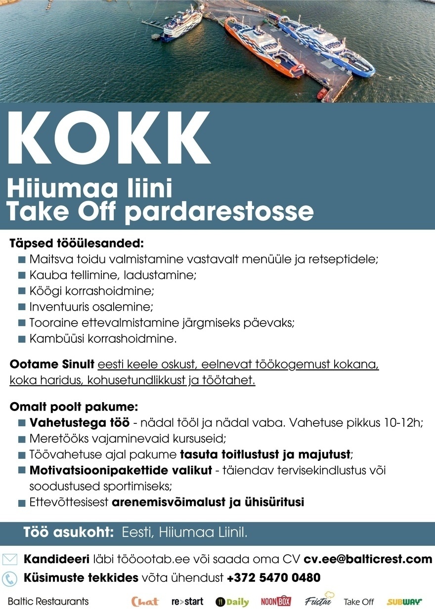Baltic Restaurants Estonia KOKK Take Off pardarestosse Hiiumaa liinil