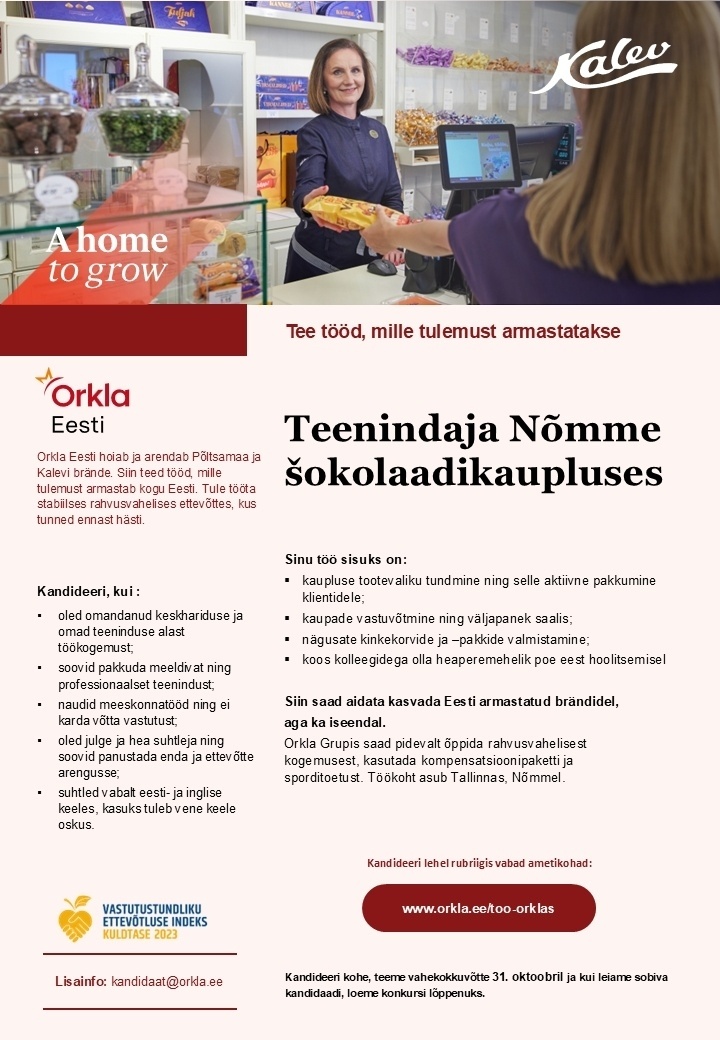 Orkla Eesti AS TEENINDAJA Nõmme Kalevi šokolaadikauplusesse