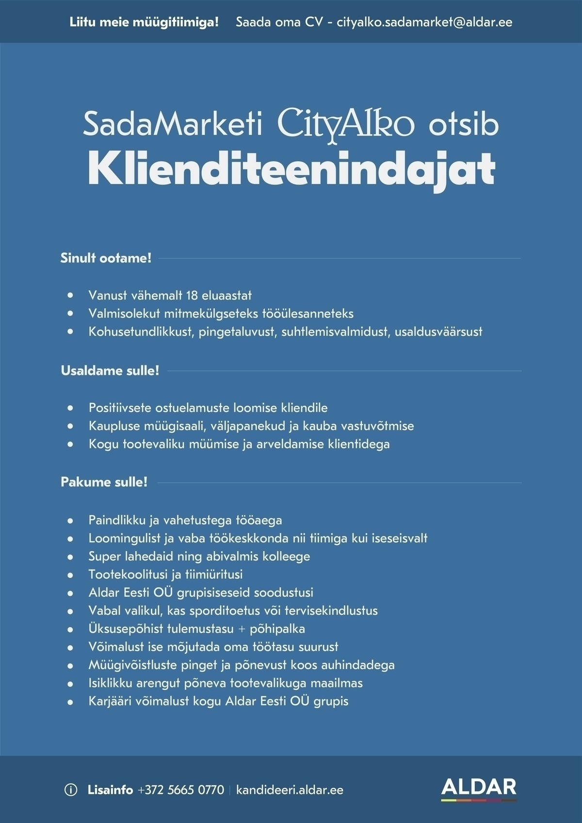 Aldar Eesti OÜ SadaMarketi CityAlko klienditeenindaja