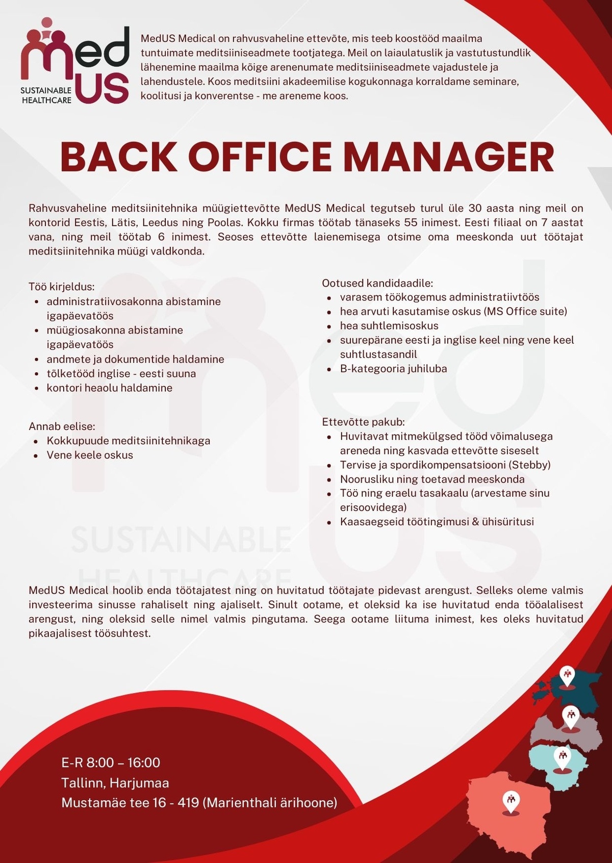 UAB MedUS Medical Eesti filiaal BACK OFFICE MANAGER