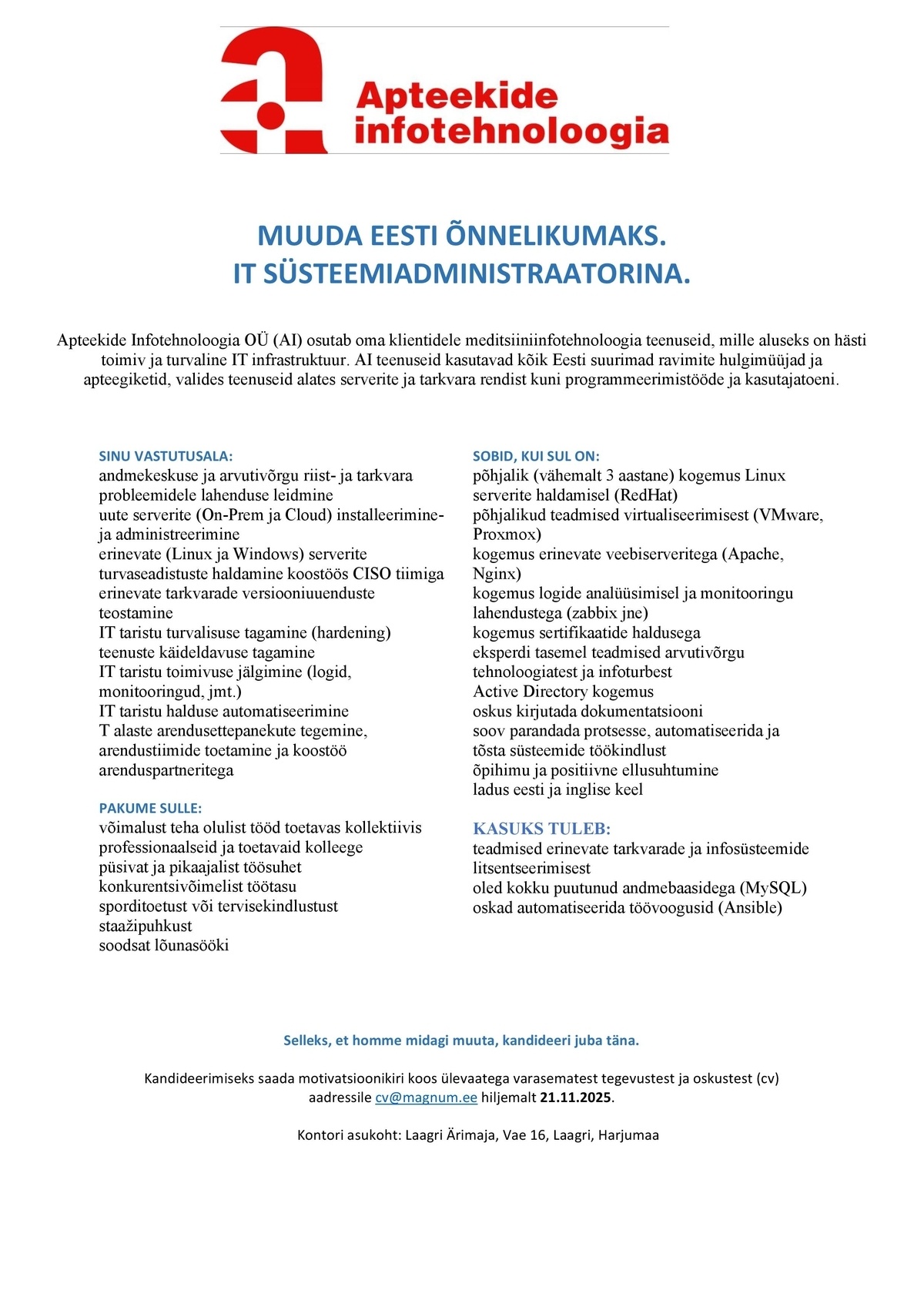 Apteekide Infotehnoloogia OÜ Süsteemiadministraator