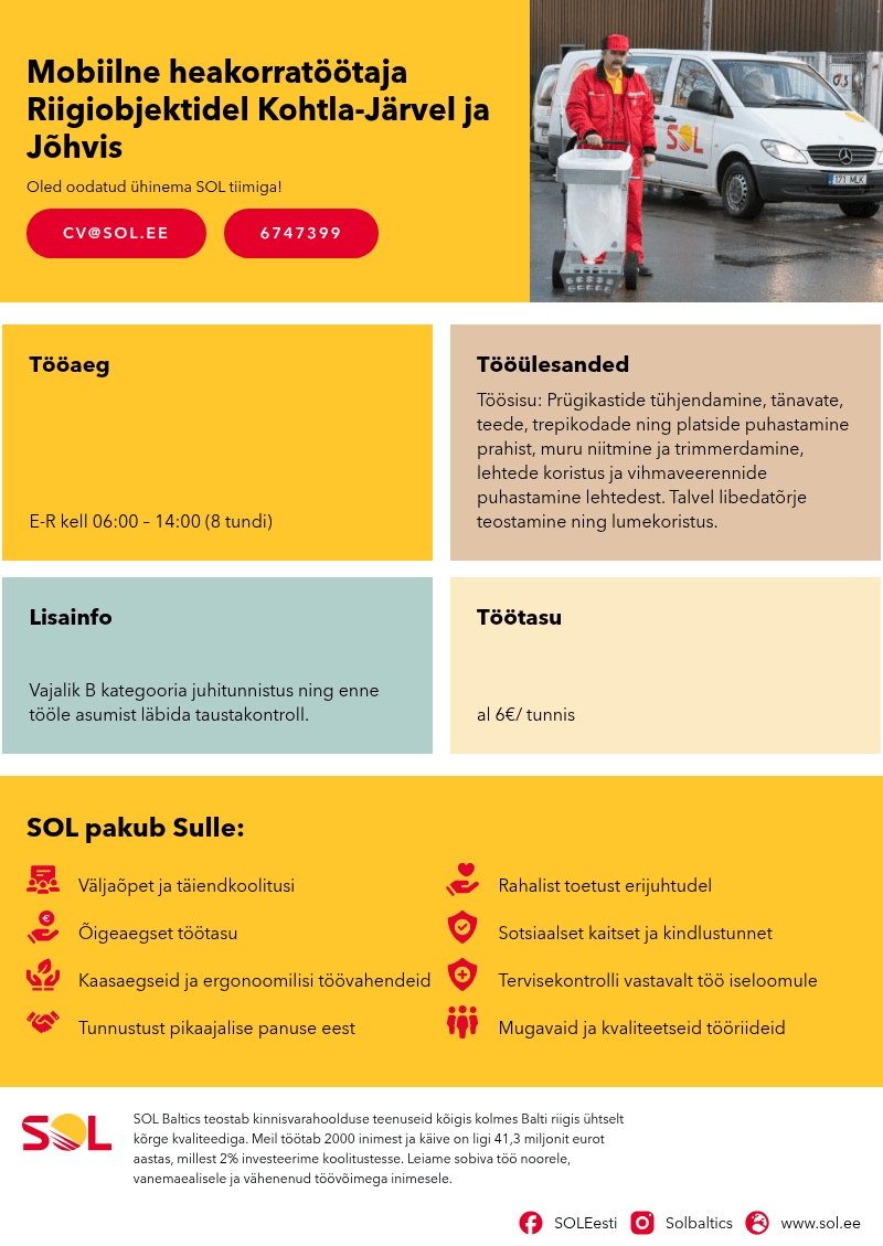 SOL Baltics OÜ Mobiilne heakorratöötaja Riigiobjektidel Kohtla-Järvel ja Jõhvis