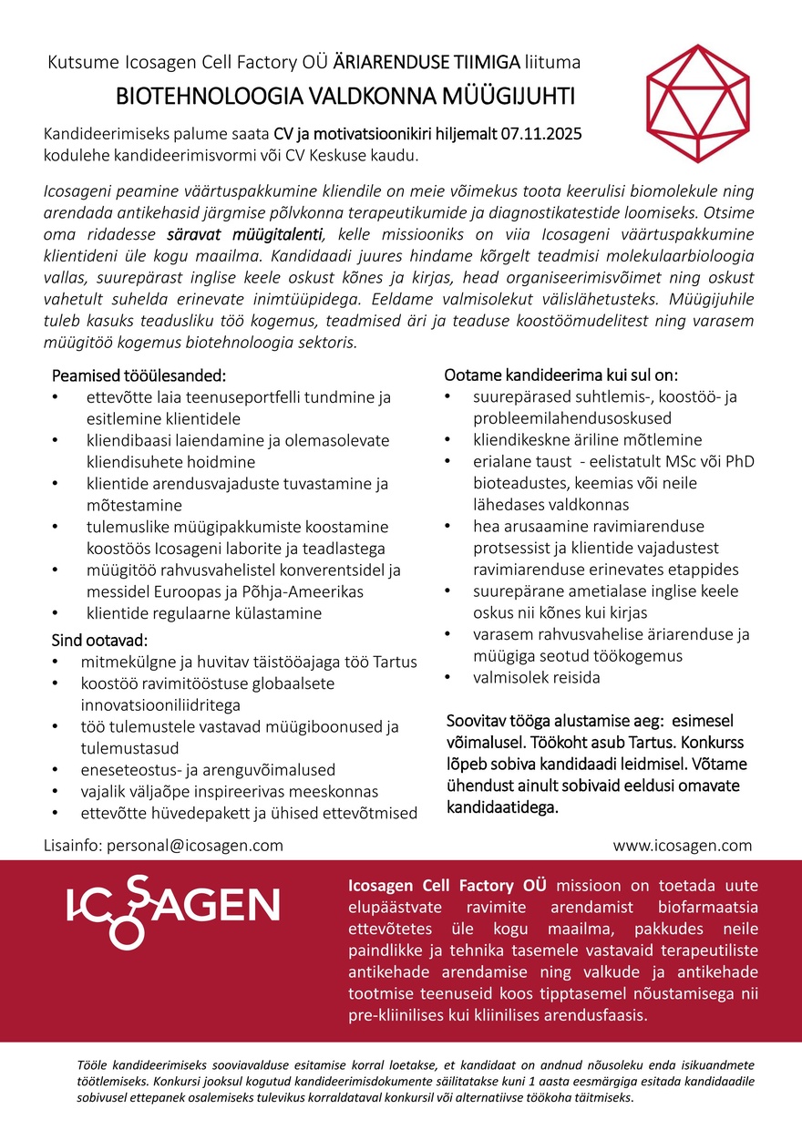 Icosagen Cell Factory OÜ BIOTEHNOLOOGIA VALDKONNA MÜÜGIJUHT