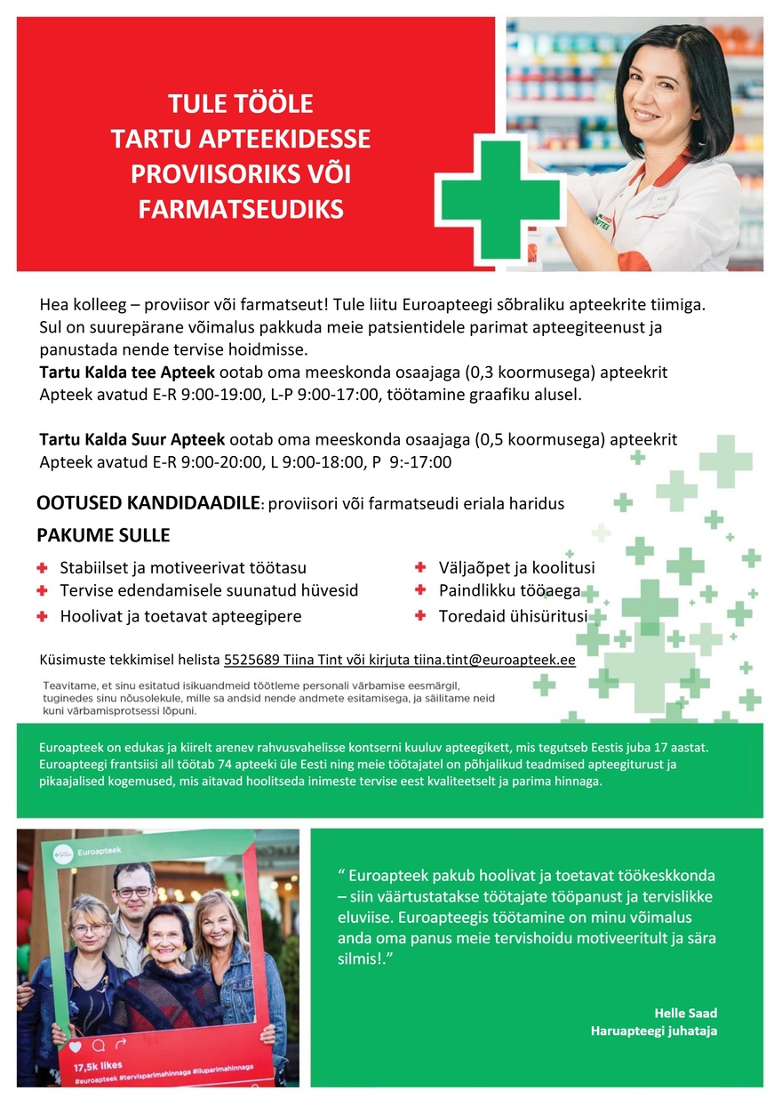 Euroapteek OÜ Proviisor või farmatseut Tartu Euroapteeki