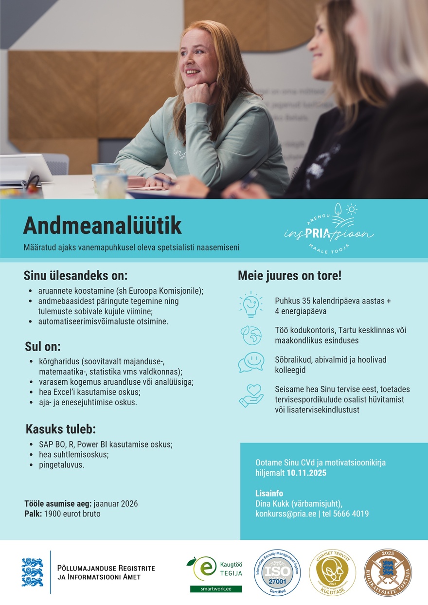 Põllumajanduse Registrite ja Informatsiooni Amet Andmeanalüütik