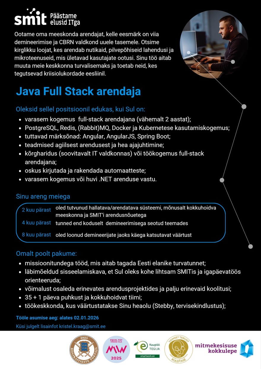 Siseministeeriumi infotehnoloogia- ja arenduskeskus Full stack Java arendaja