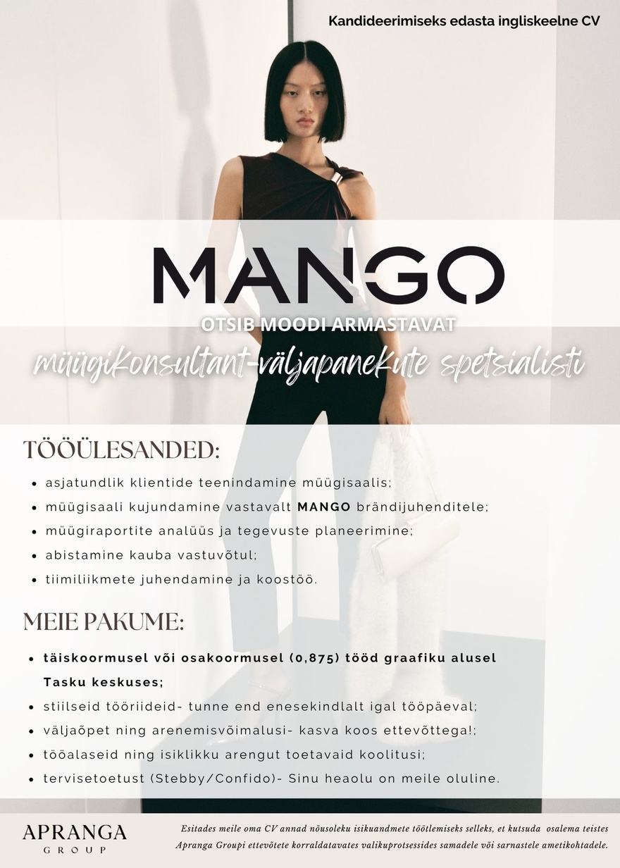 Apranga OÜ MANGO müügikonsultant- väljapanekute spetsialist
