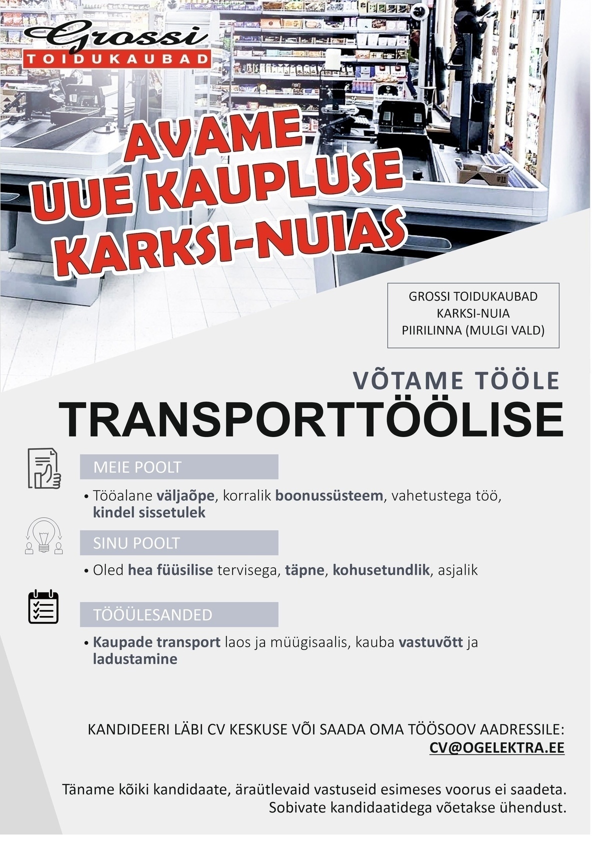 OG Elektra AS Transporttööline (UUS kauplus Karksi-Nuias)