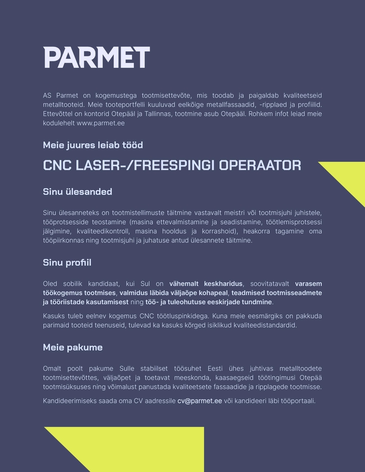 AS Parmet CNC-pingi operaator