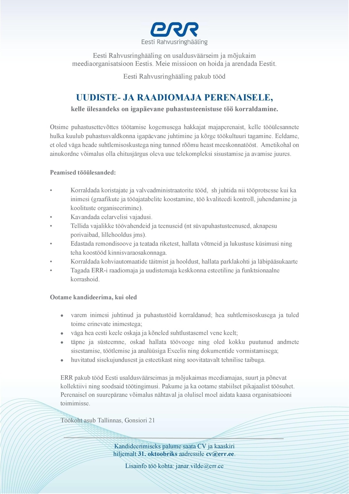 Eesti Rahvusringhääling UUDISTE- JA RAADIOMAJA MAJAPIDAMISÜKSUSE JUHT