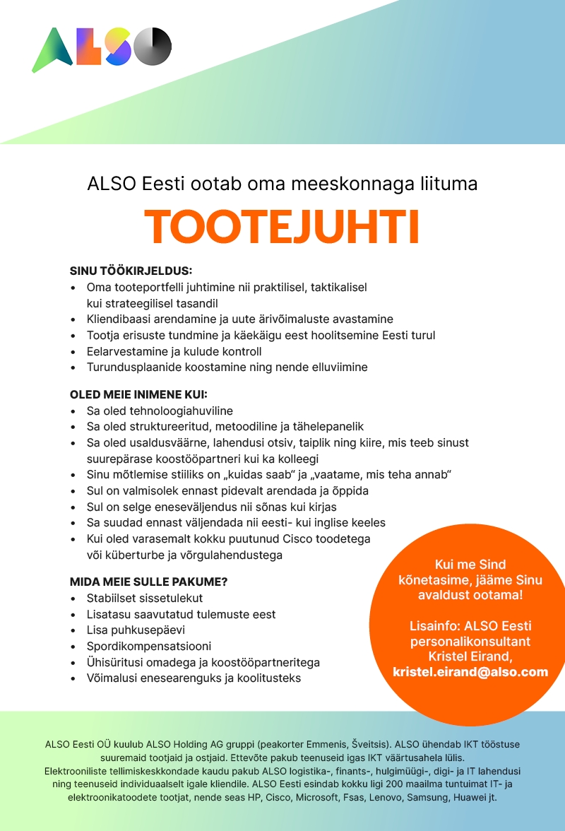 ALSO Eesti OÜ Tootejuht