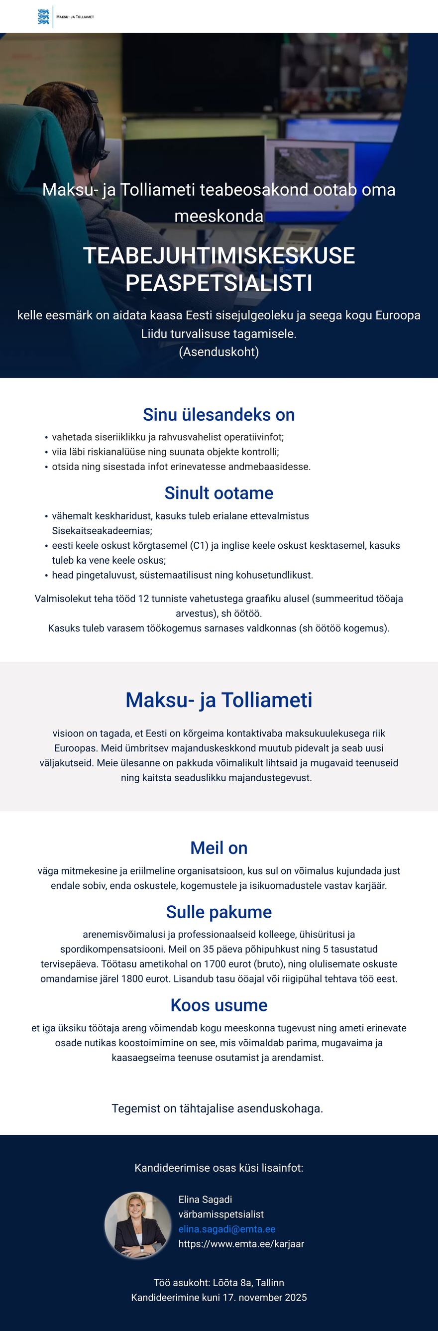 Maksu- ja Tolliamet Teabejuhtimiskeskuse peaspetsialist (asenduskoht)