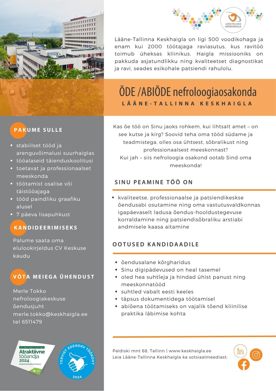 AS Lääne-Tallinna Keskhaigla Õde/abiõde nefroloogiaosakonda