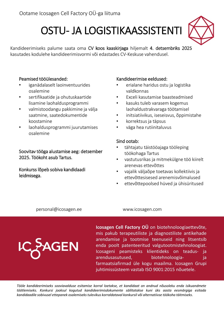 Icosagen Cell Factory OÜ OSTU- JA LOGISTIKAASSISTENT