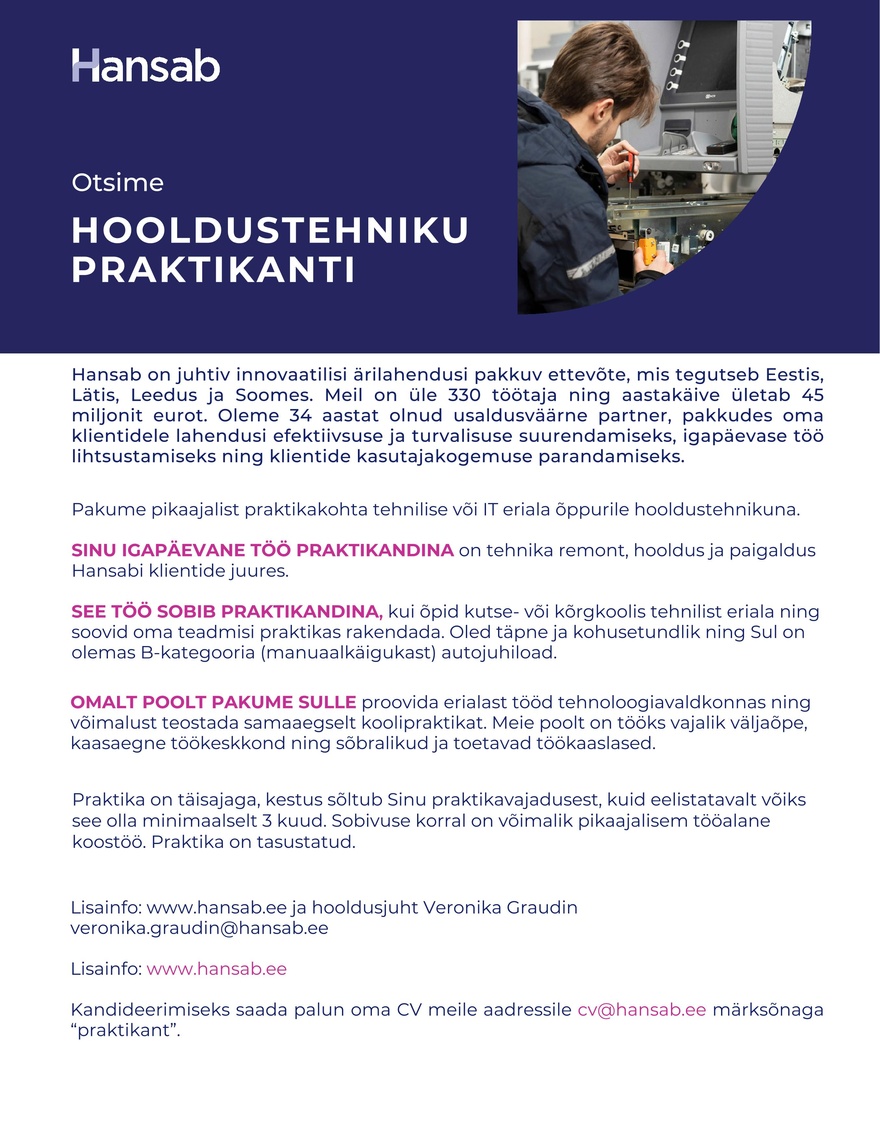 Hansab AS Tallinna hooldustehniku praktikant