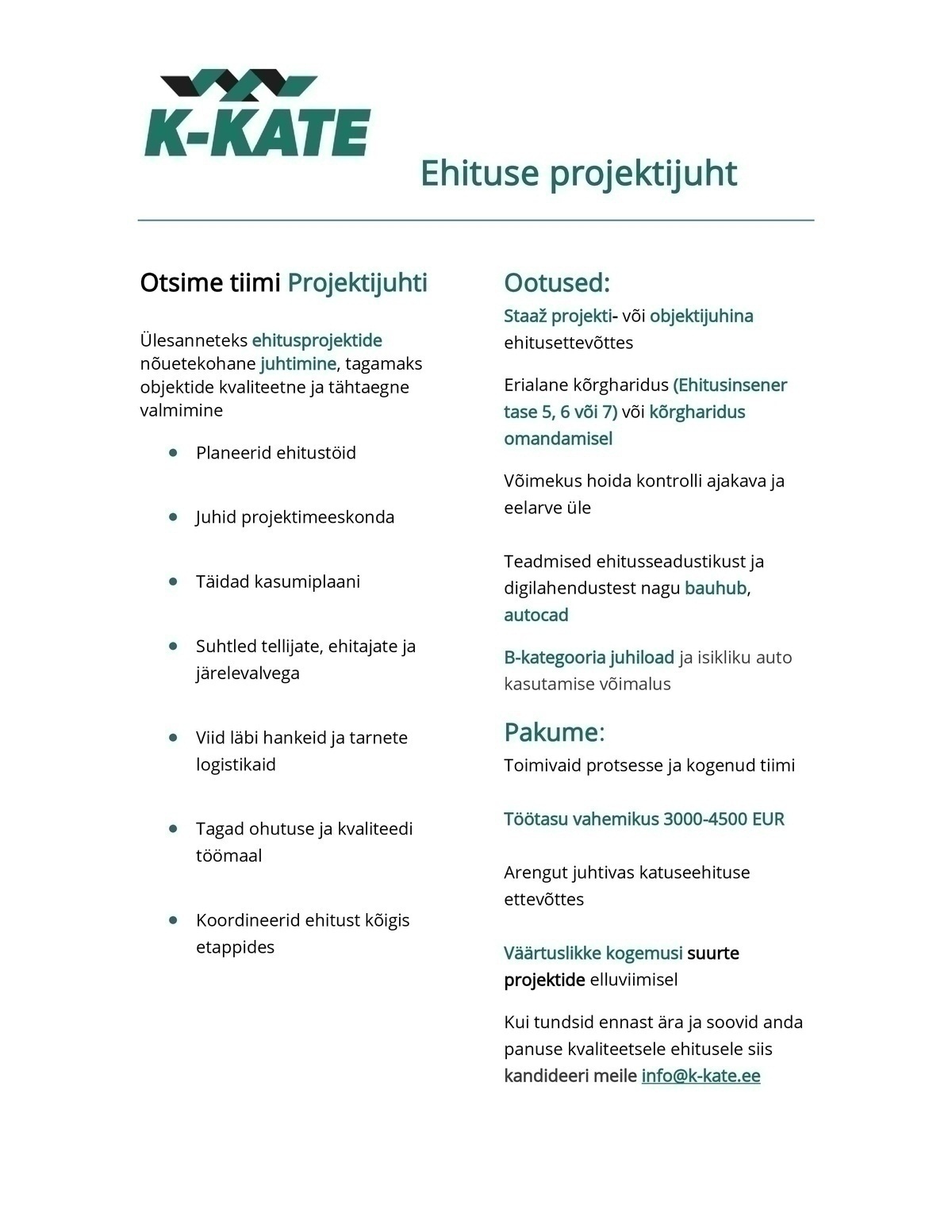K-Kate Katused OÜ Ehituse projektijuht
