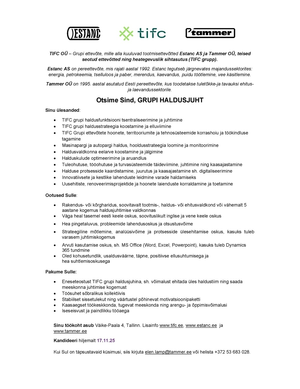 Tammer OÜ GRUPI HALDUSJUHT