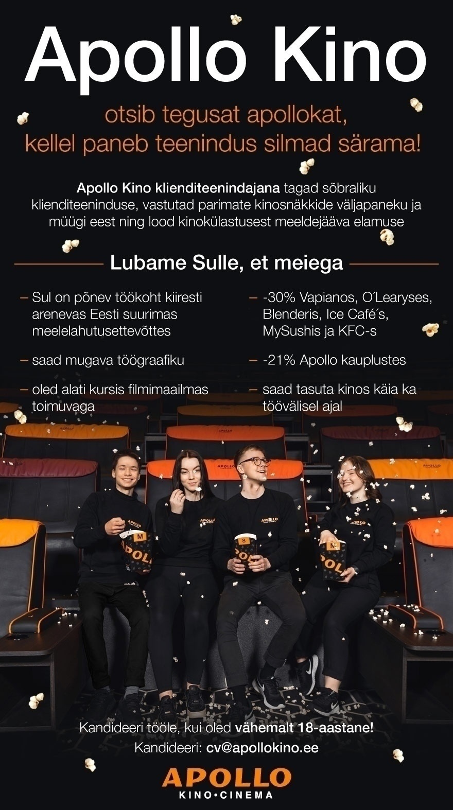 Apollo Kino OÜ Jõhvi Apollo kino kutsub tiimi baaritöötajat (osalise koormusega)!