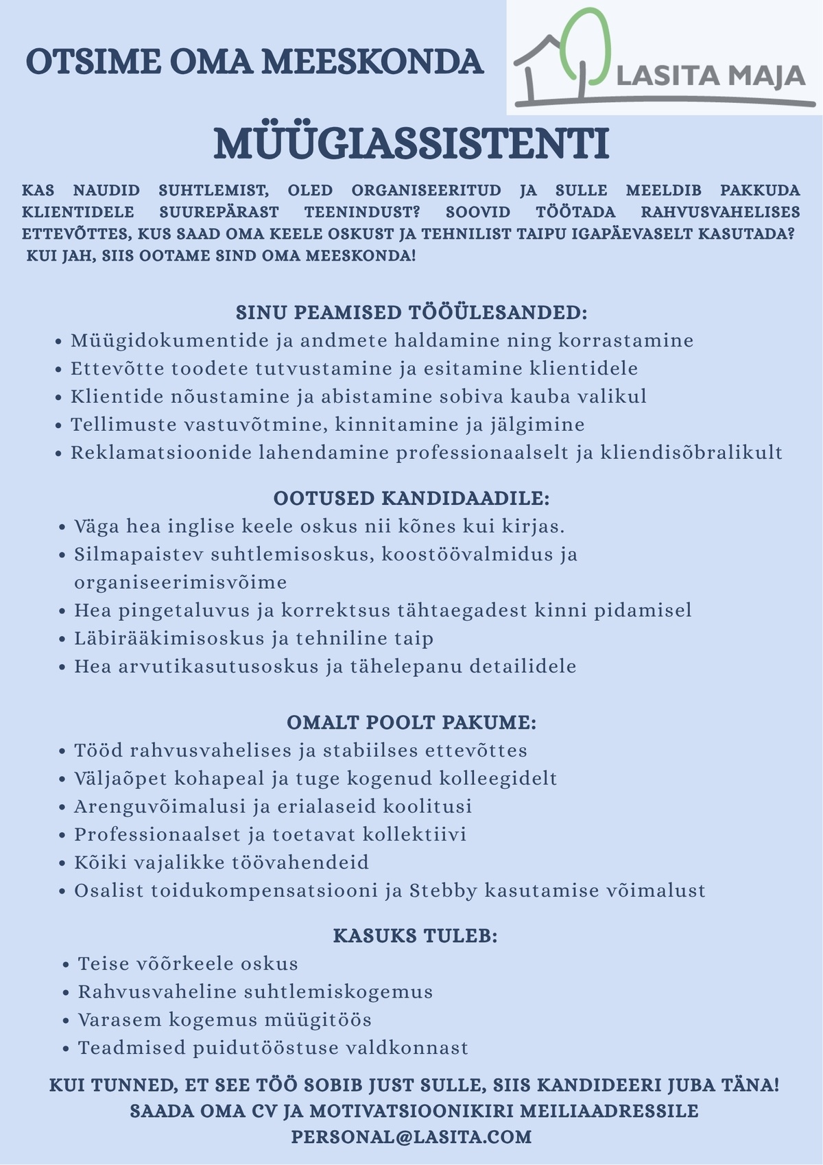 Lasita Maja OÜ Müügiassistent