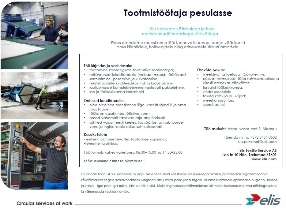 Elis Textile Service AS Tootmistöötaja pesulasse (Maardu)