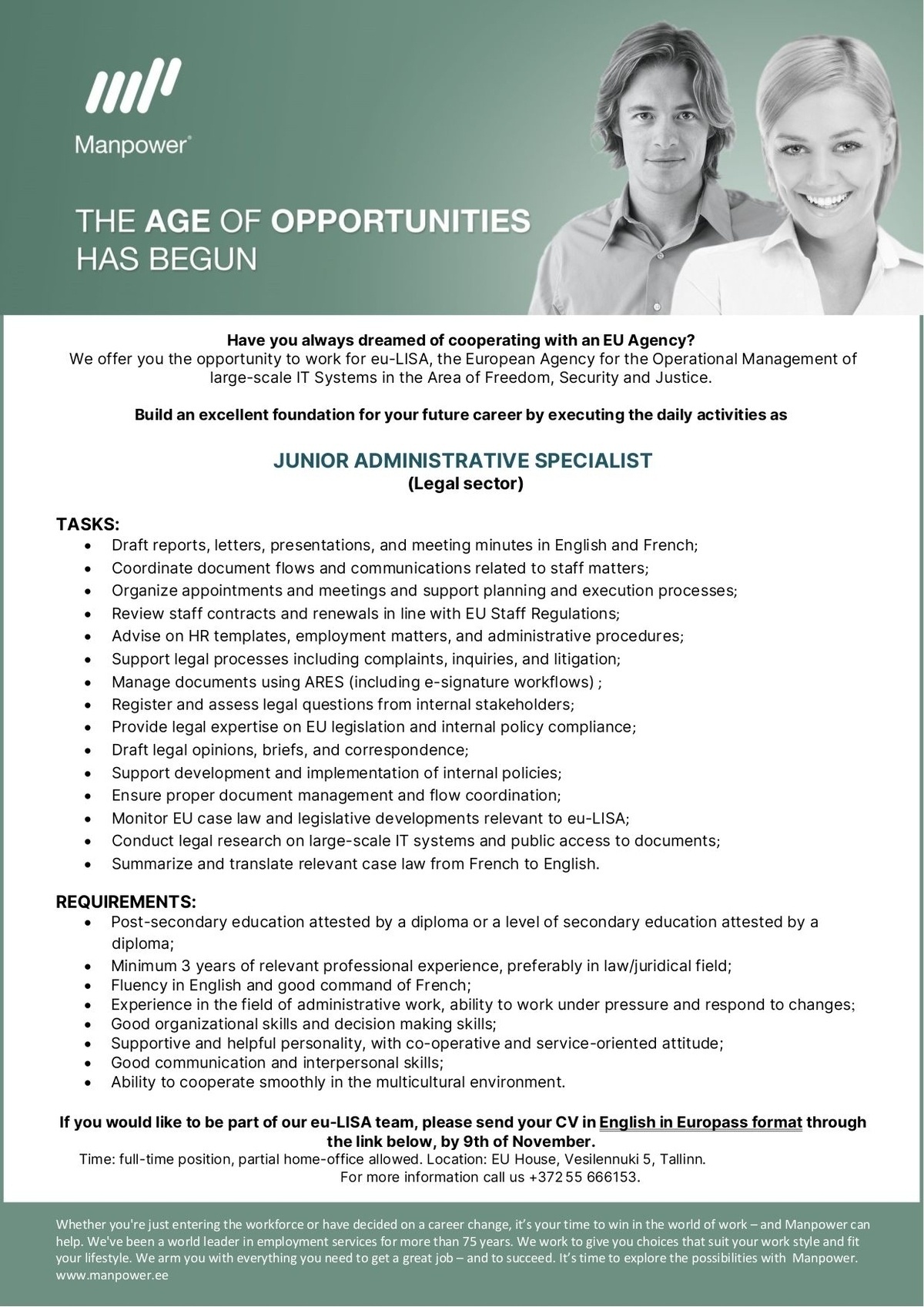 Manpower OÜ JUNIOR ADMINISTRATIVE SPECIALIST (Legal sector)