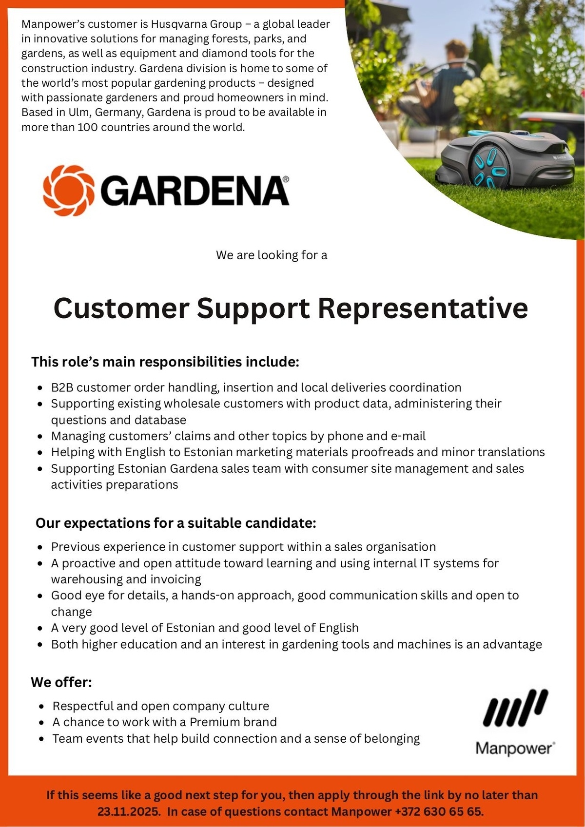 Manpower OÜ Customer Support Representative