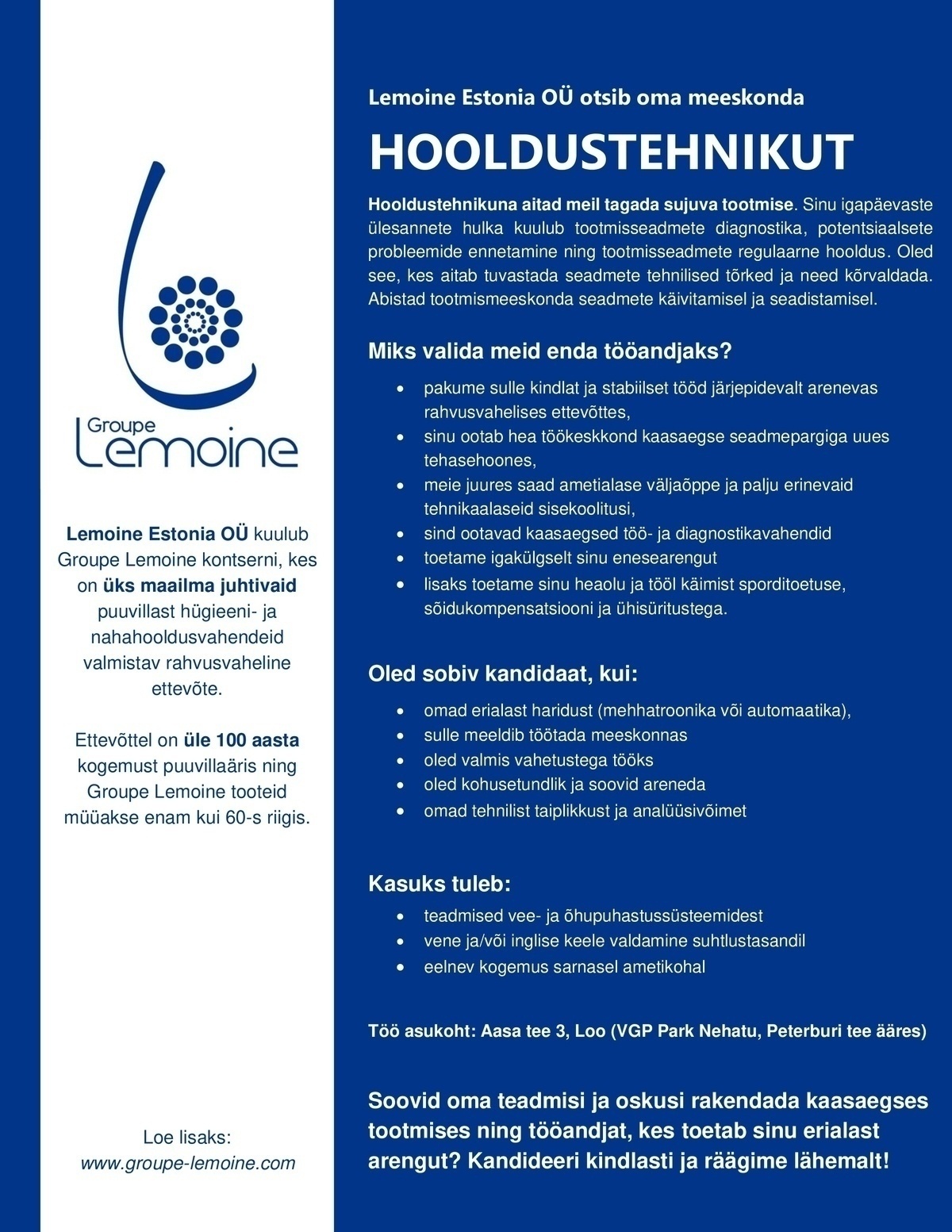 LEMOINE ESTONIA OÜ Hooldustehnik