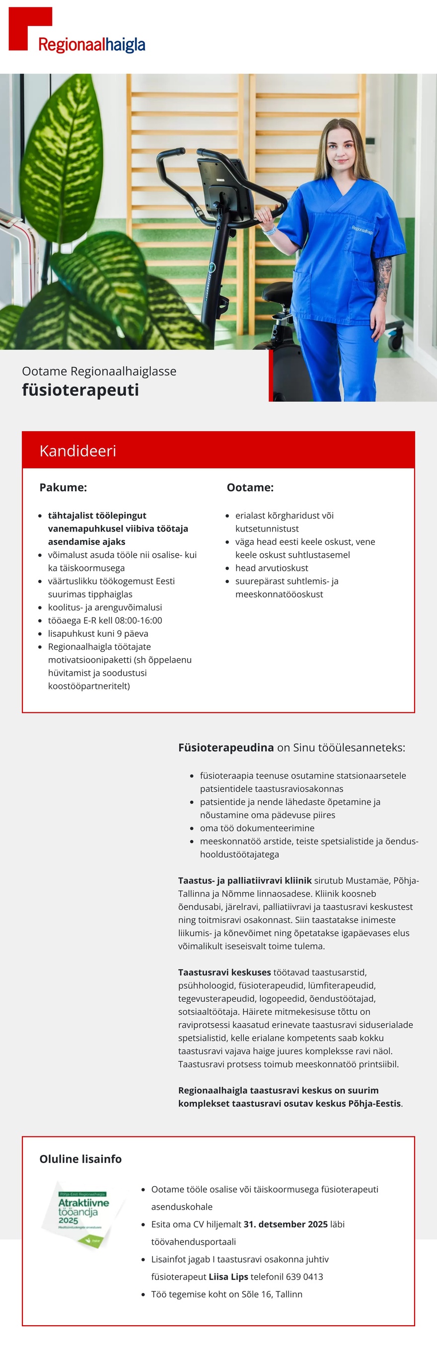 Põhja-Eesti Regionaalhaigla Füsioterapeut taastusravi keskusesse (asenduskoht, Sõle korpuses)