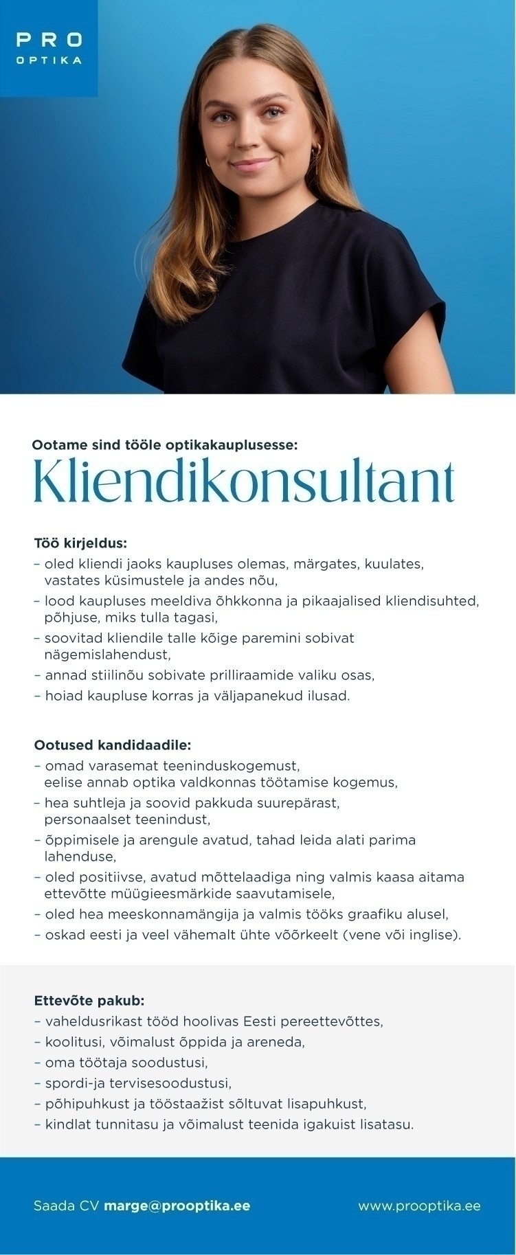 Pro Optika Kliendikonsultant Pro Optika kauplusesse Kristiine keskuses