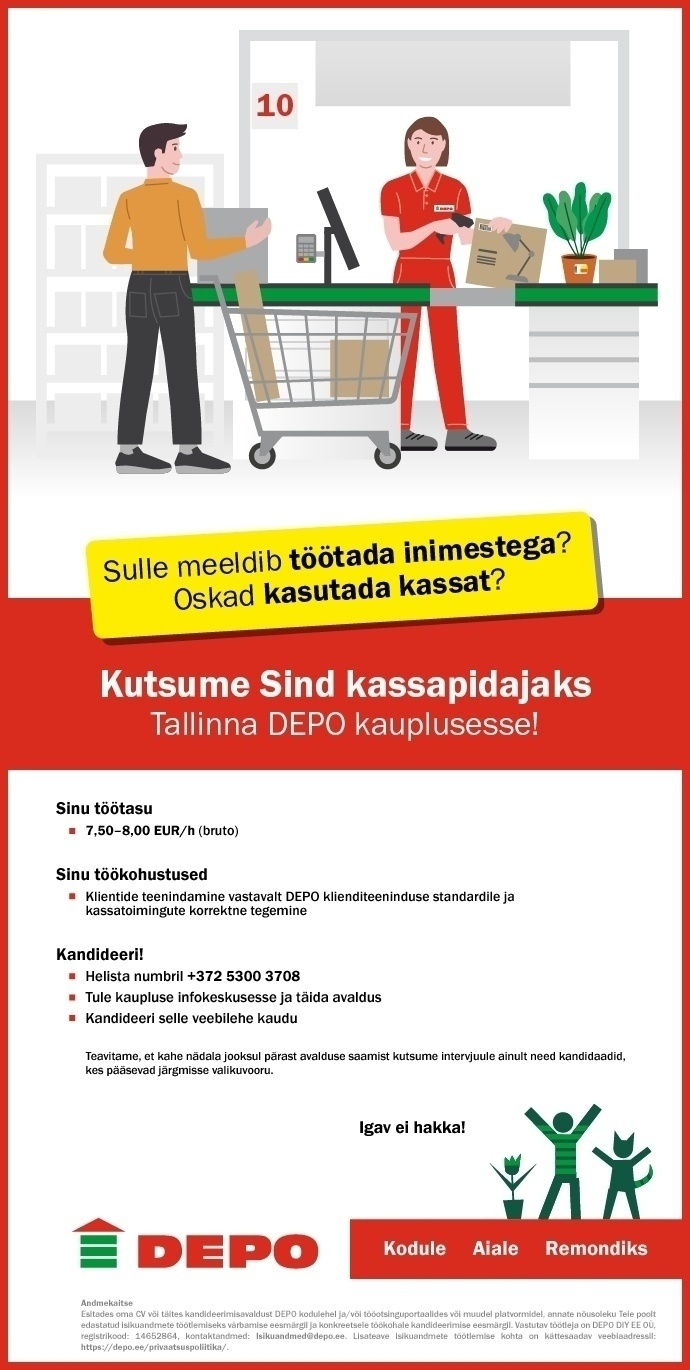 DEPO DIY EE OÜ Kutsume Sind kassapidajaks Tallinna DEPO kauplusesse!