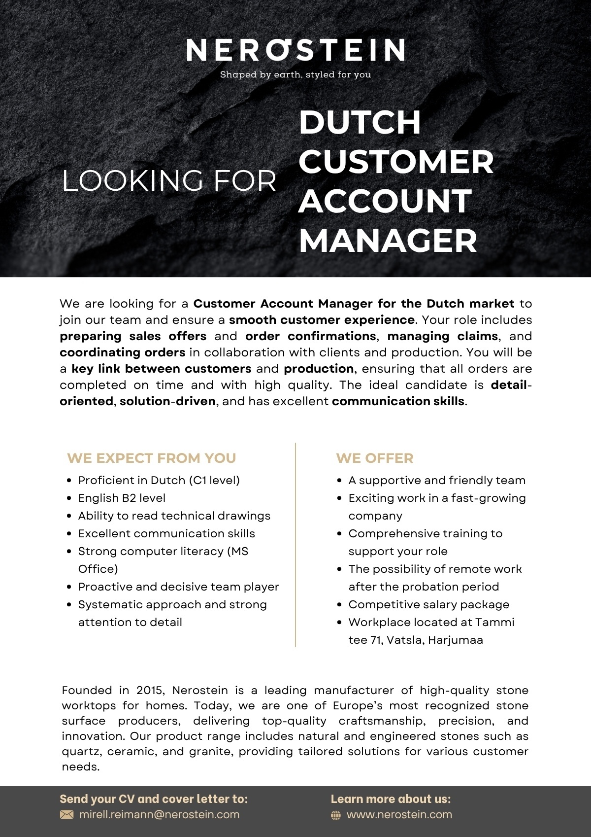 NEROSTEIN OÜ Customer Account Manager for Dutch Market