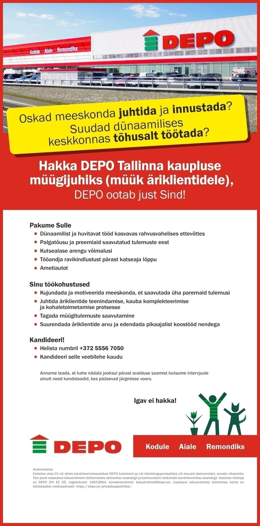 DEPO DIY EE OÜ Hakka DEPO Tallinna kaupluse müügijuhiks (müük äriklientidele)