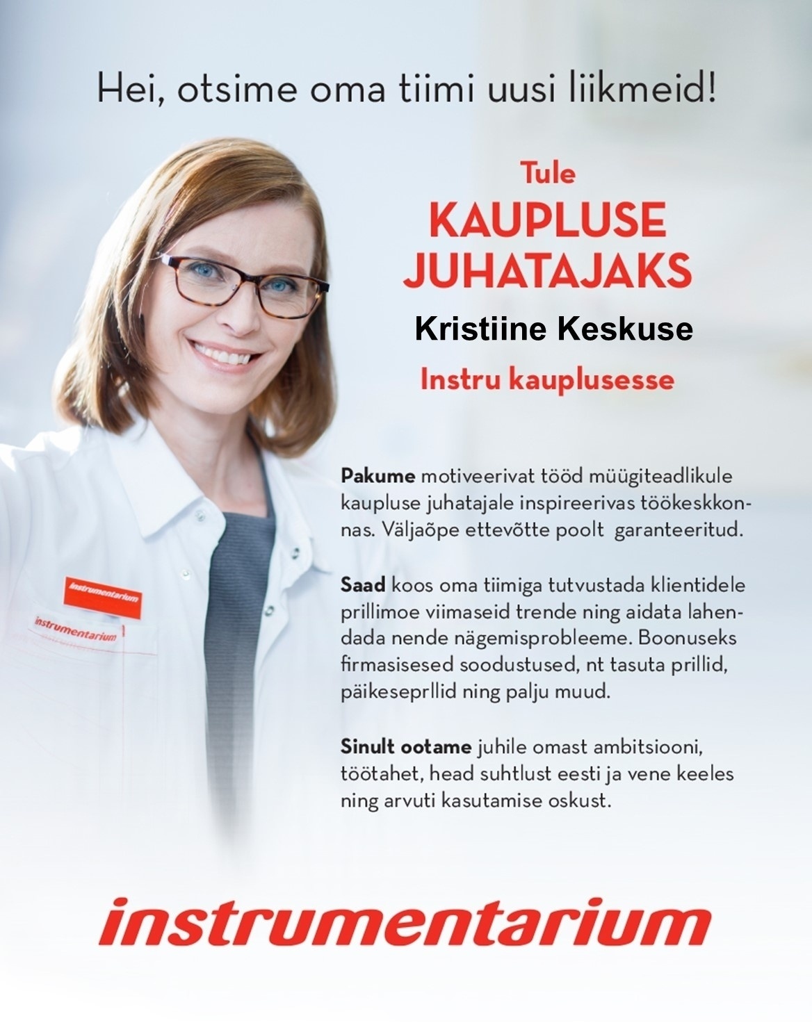 Instrumentarium Optika OÜ Kaupluse juhataja Kristiine keskuse Instru kauplusesse