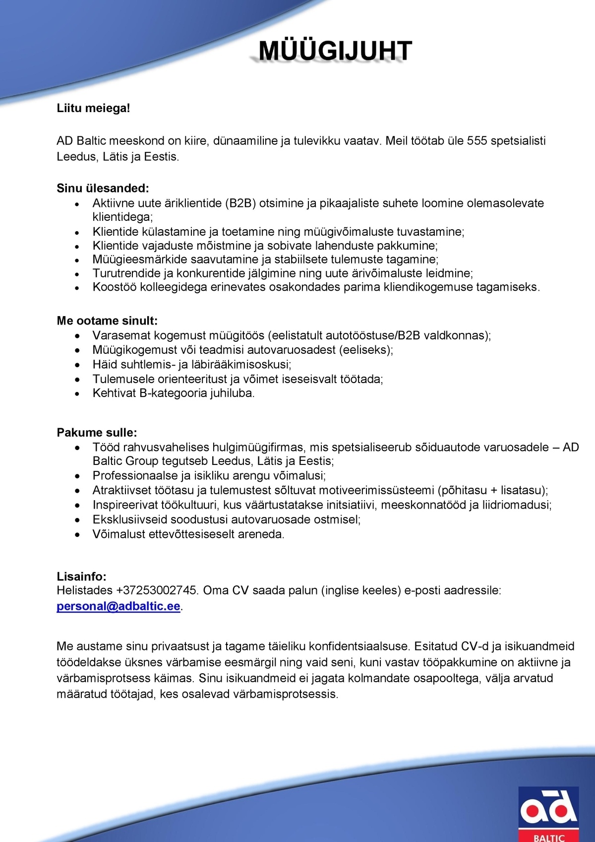 AD BALTIC AS MÜÜGIJUHT