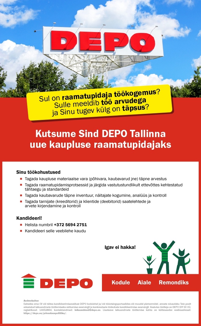 DEPO DIY EE OÜ Kutsume Sind DEPO Tallinna uue kaupluse raamatupidajaks