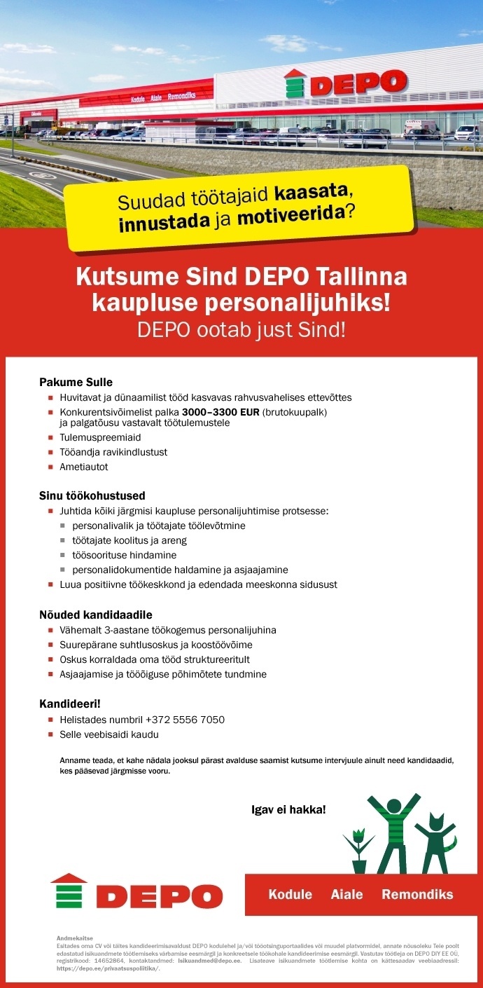 DEPO DIY EE OÜ Kaupluse personalijuht