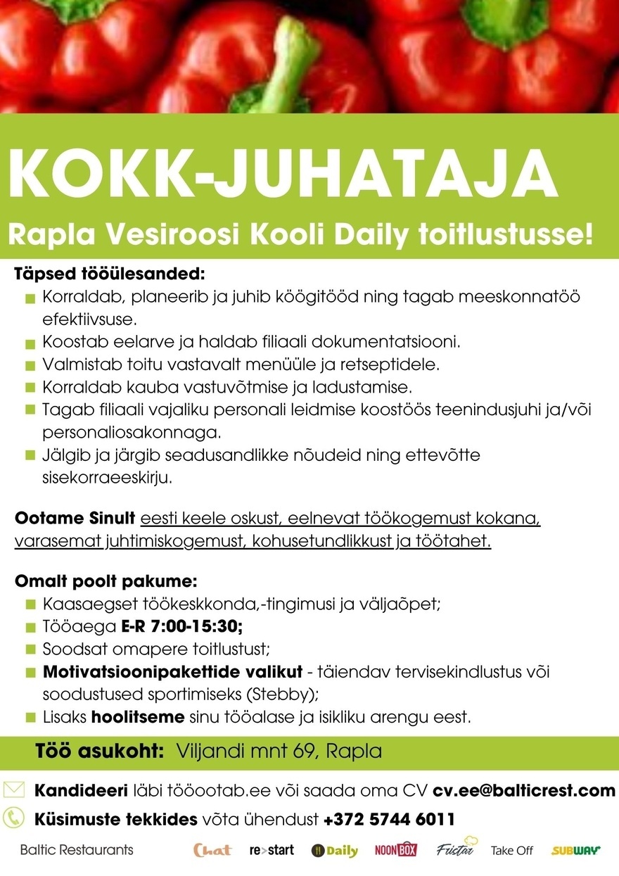 Baltic Restaurants KOKK - JUHATAJA Rapla Vesiroosi kooli Daily toitlustusse