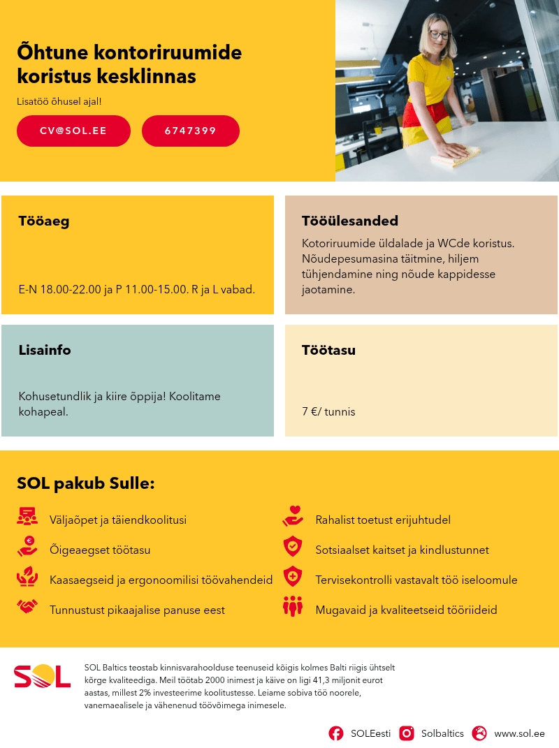 SOL Baltics OÜ Õhtune kontoriruumide koristus kesklinnas