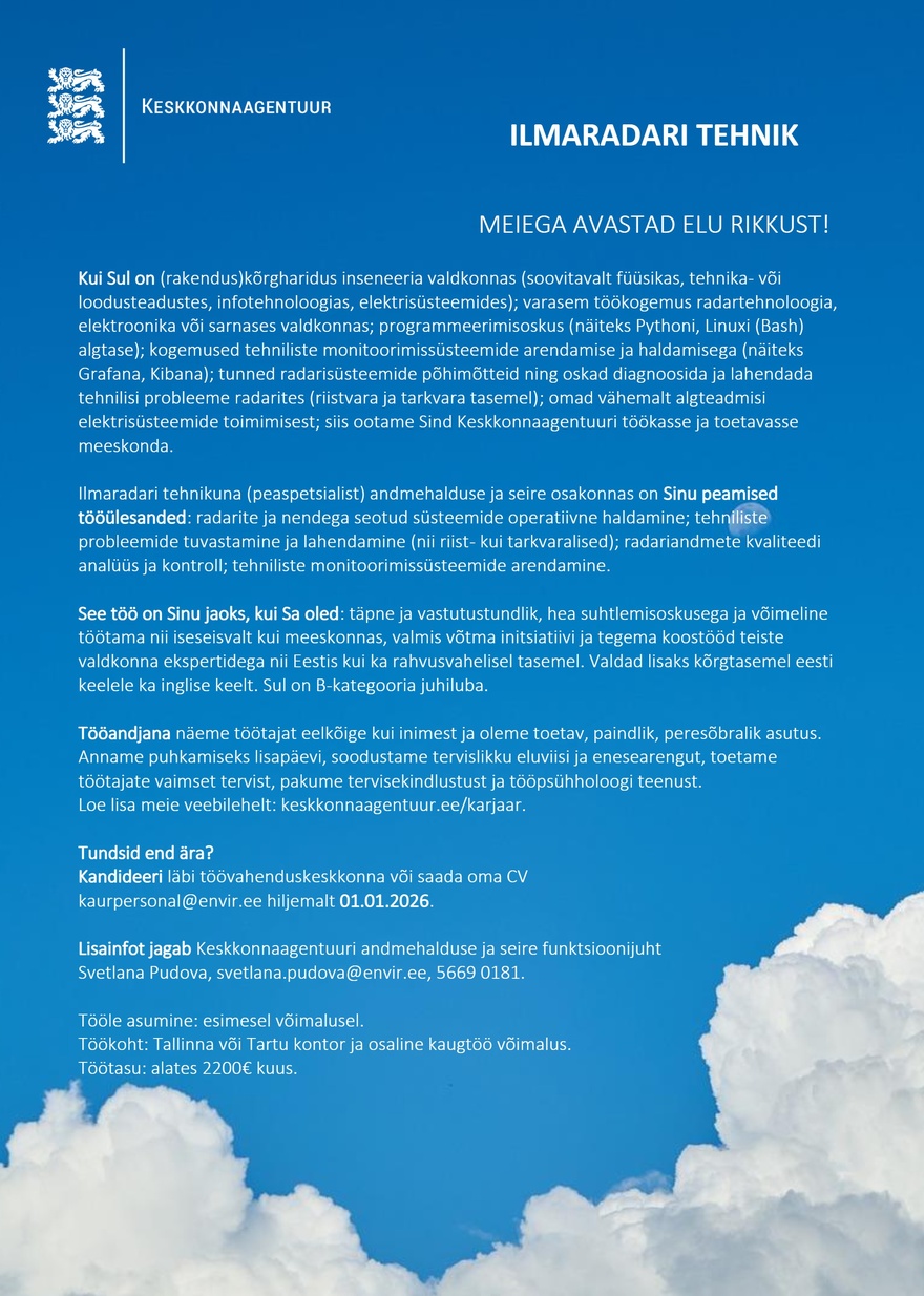 Keskkonnaagentuur ILMARADARI TEHNIK (PEASPETSIALIST)