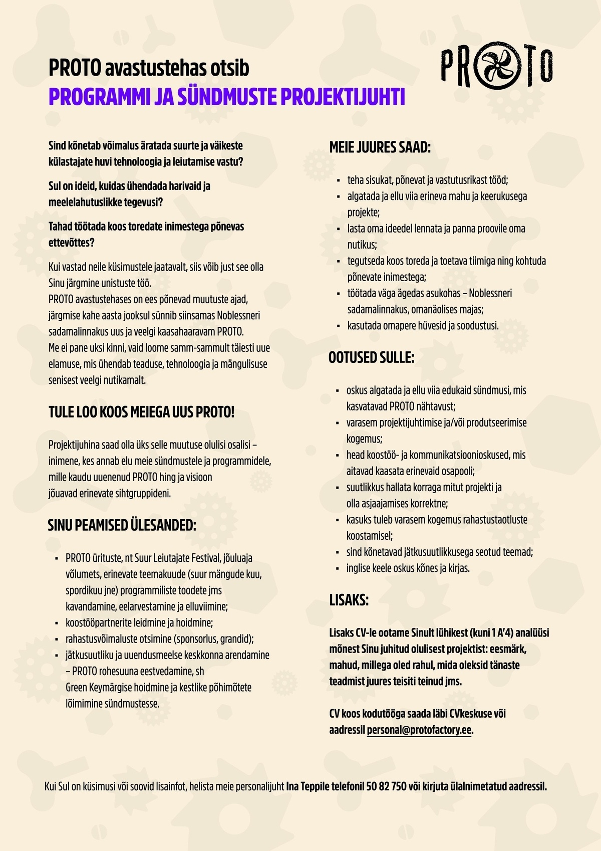 Proto OÜ PROGRAMMI JA SÜNDMUSTE PROJEKTIJUHTI