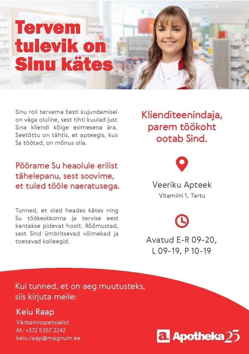 Apotheka Klienditeenindaja Veeriku Apteeki 0,75 koormusega