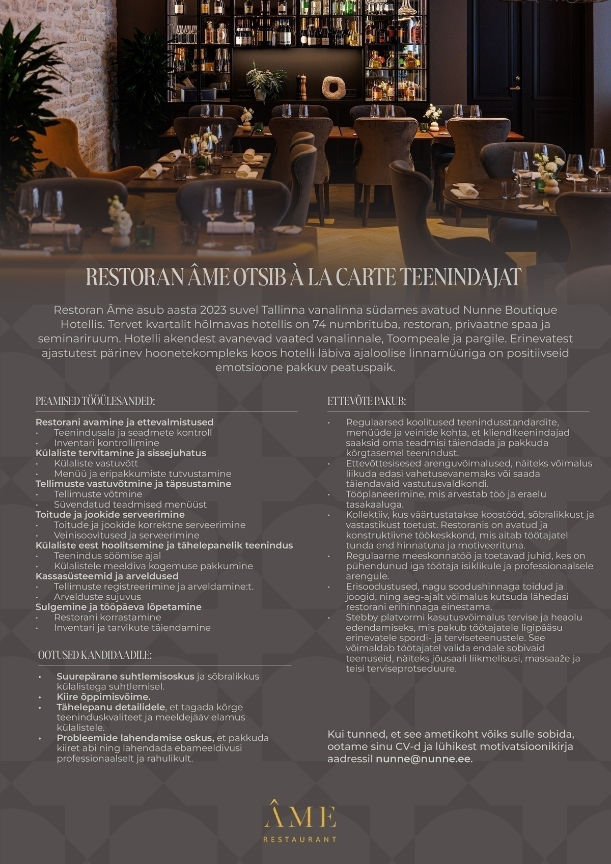 Kloostri Restoranid OÜ A la carte teenindaja vanalinna butiikhotelli restorani (1,0 kohta)