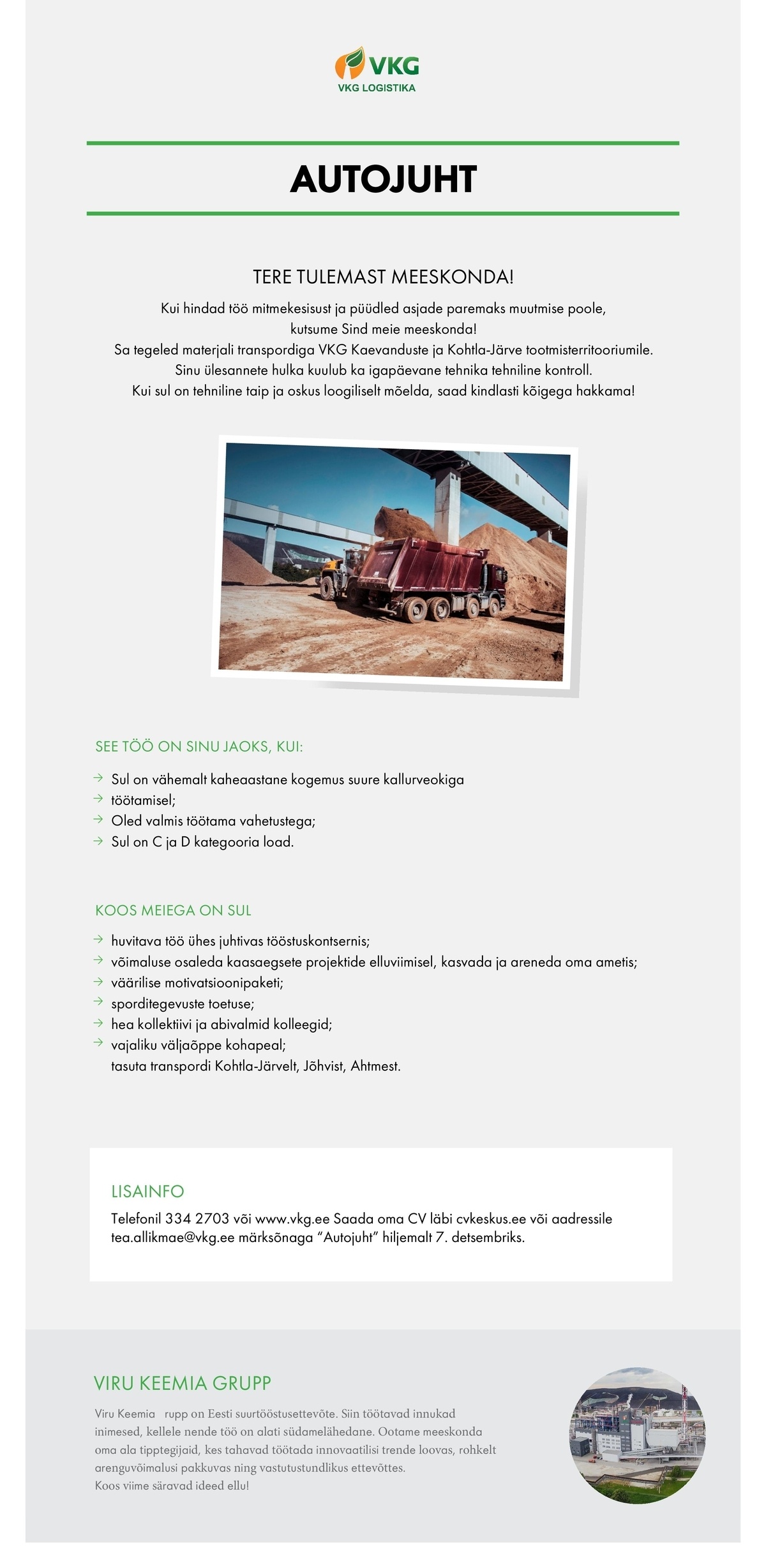 Viru Keemia Grupp AS AUTOJUHT / ВОДИТЕЛЬ