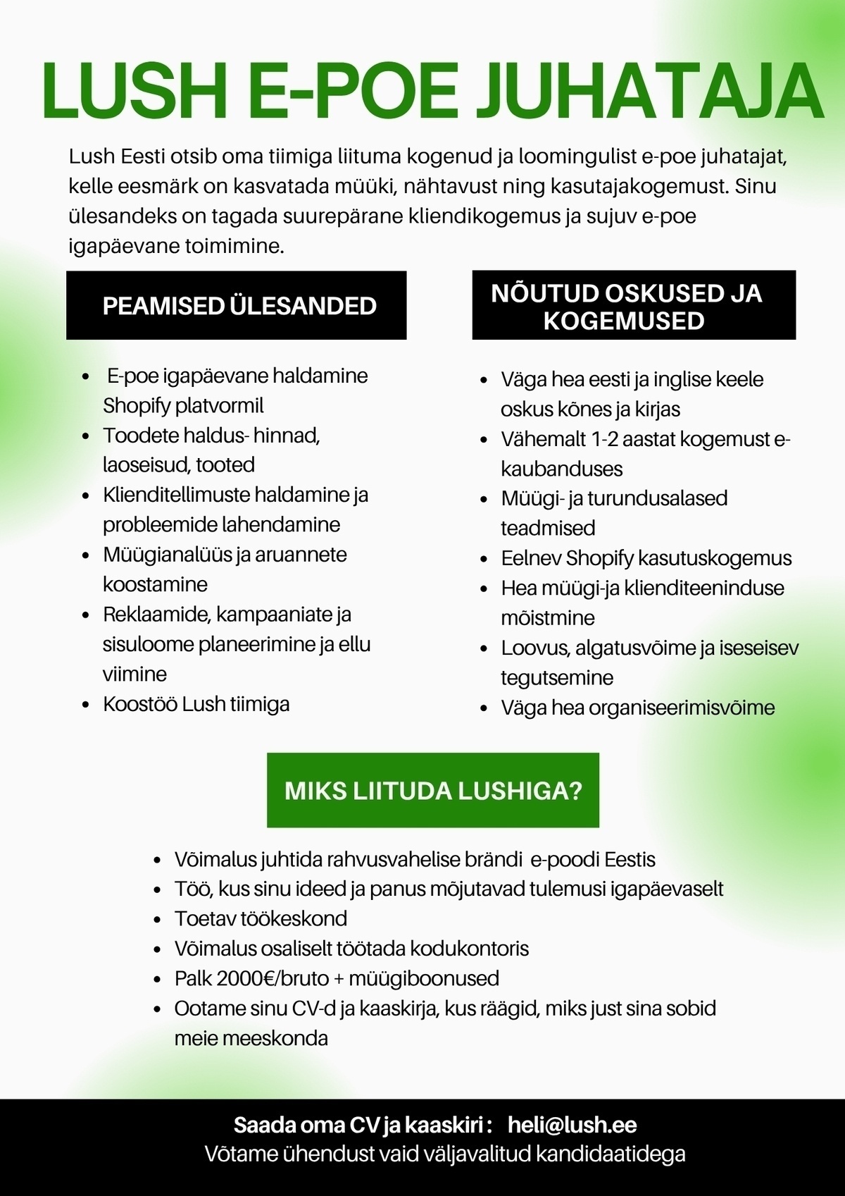 EETILINE KOSMEETIKA OÜ LUSH E-POE JUHATAJA