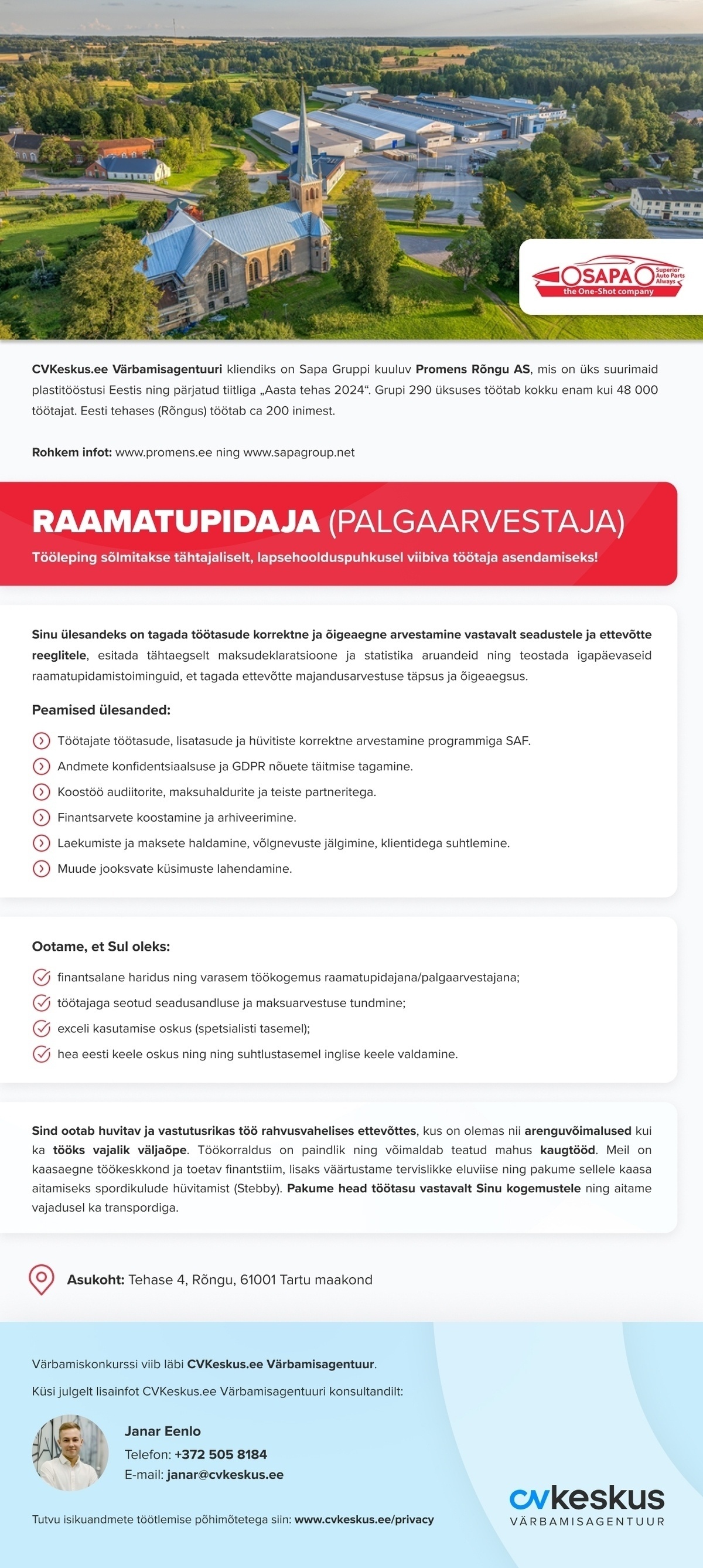 Promens Rõngu AS RAAMATUPIDAJA (Palgaarvestaja)