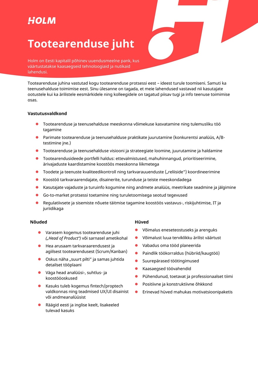 Holm Bank AS Tootearenduse juht