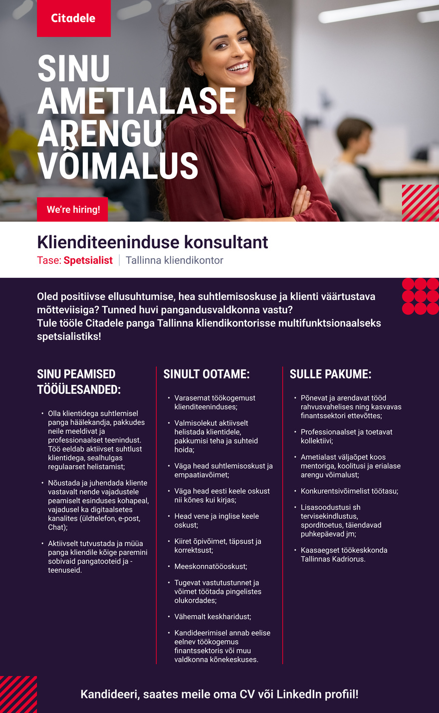 AS CITADELE BANKA EESTI FILIAAL Klienditeeninduse konsultant